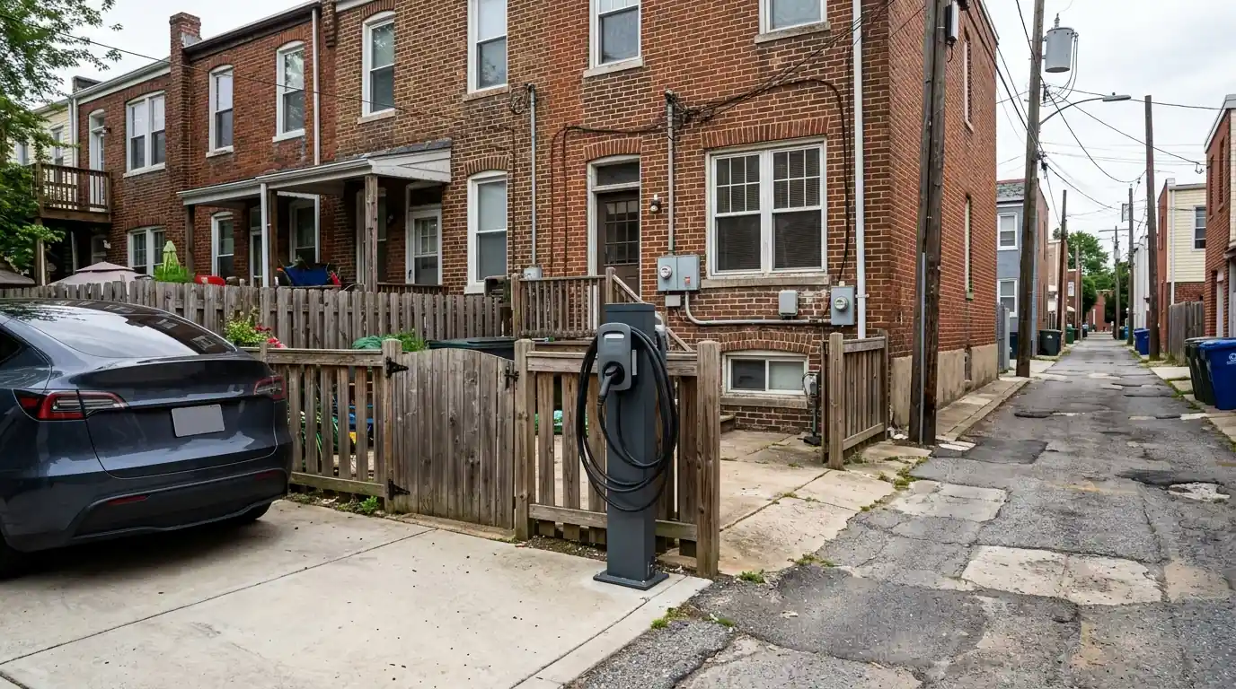 Outdoor EV charger on a post beside an alley parking pad