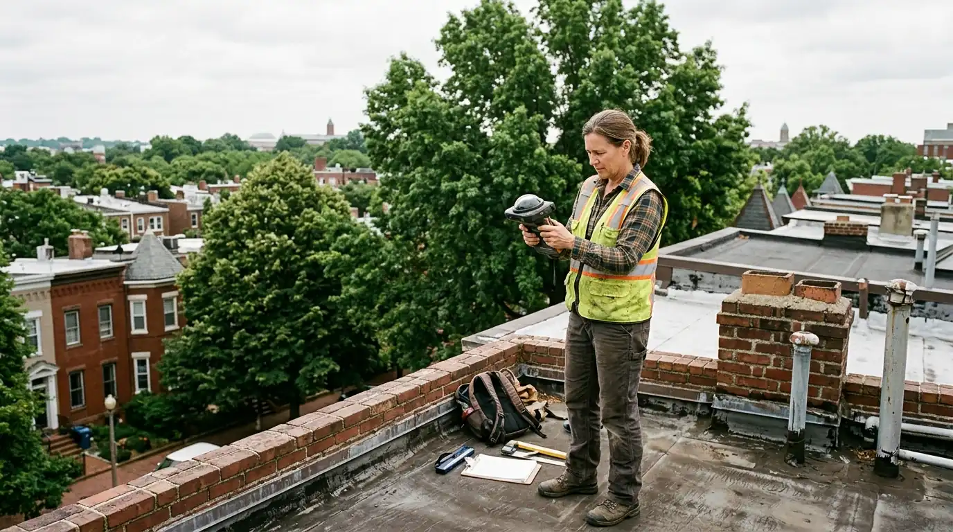 Shade analysis on a Washington, DC roof near tall street trees