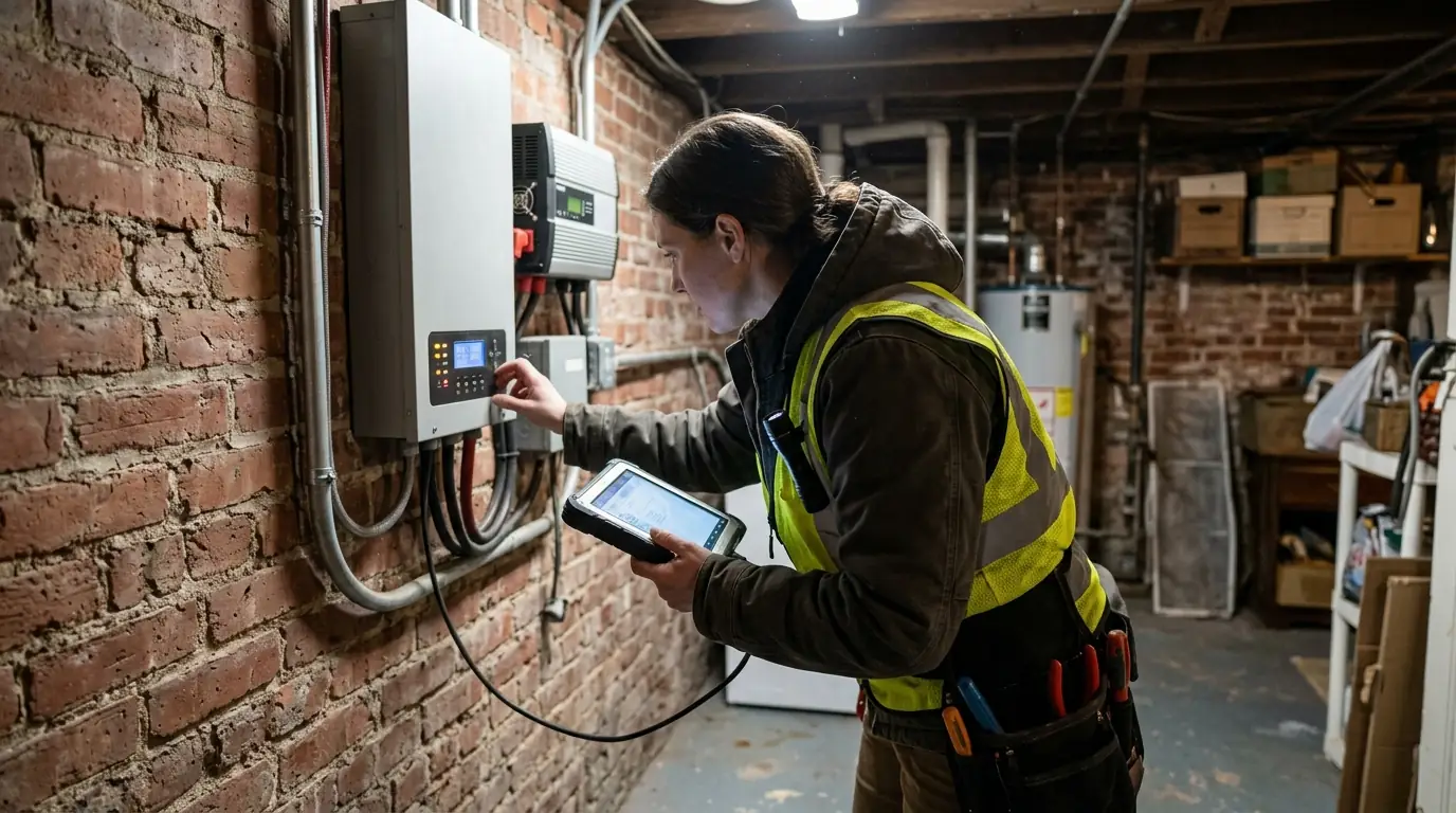 Technician reading battery gateway fault codes in a DC basement