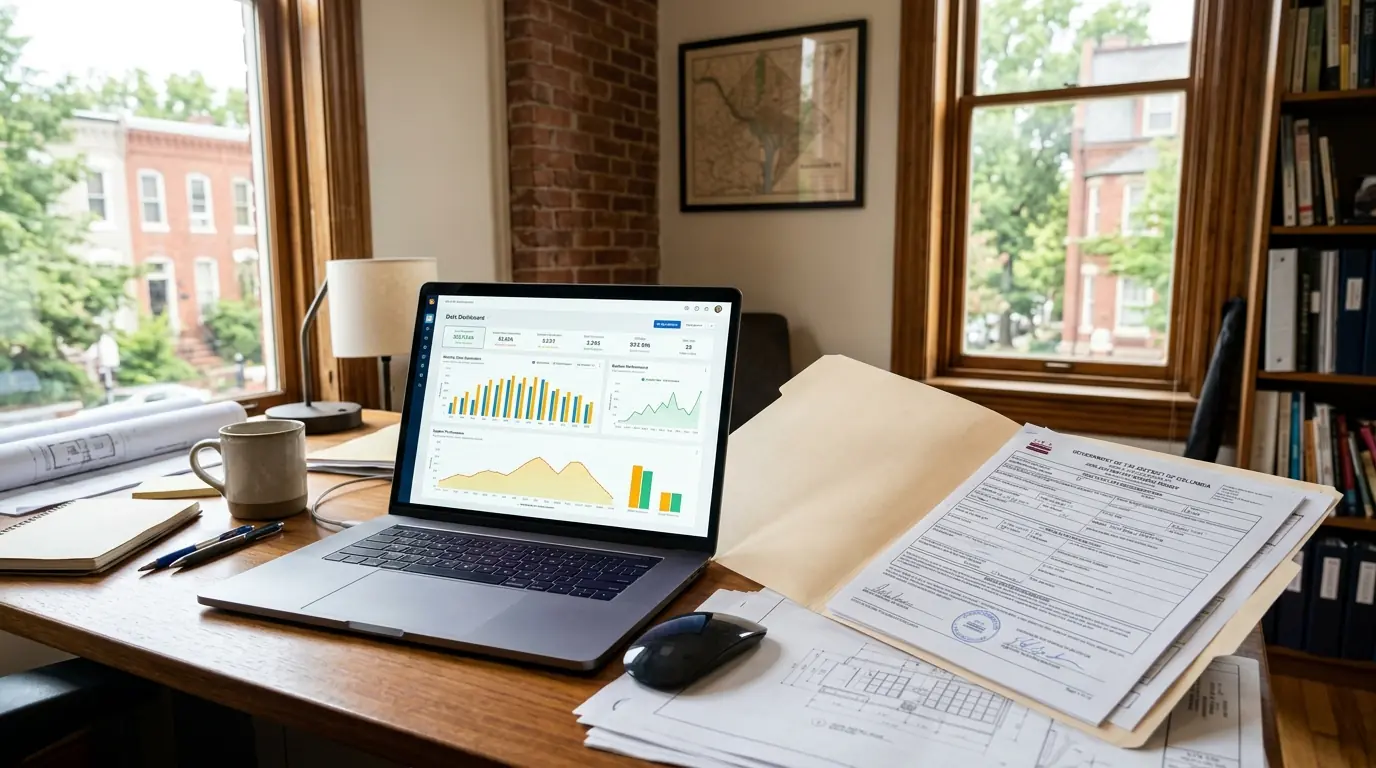 Solar production chart and permit folder on a home office desk in Washington, DC