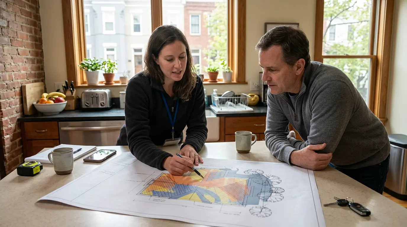 Reviewing a roof sketch with shade zones with a homeowner