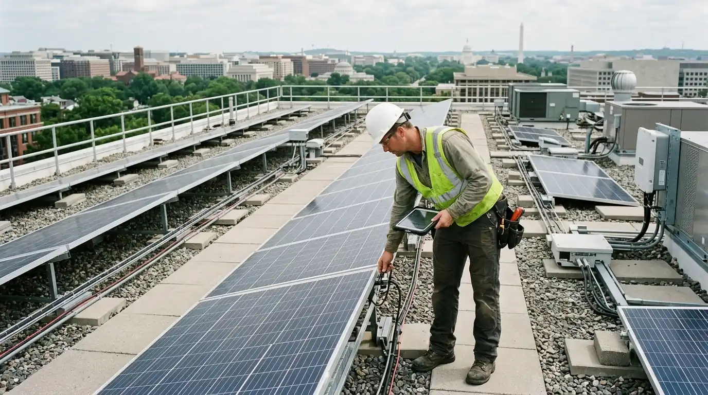 Technician inspecting commercial solar rows on a DC building roof