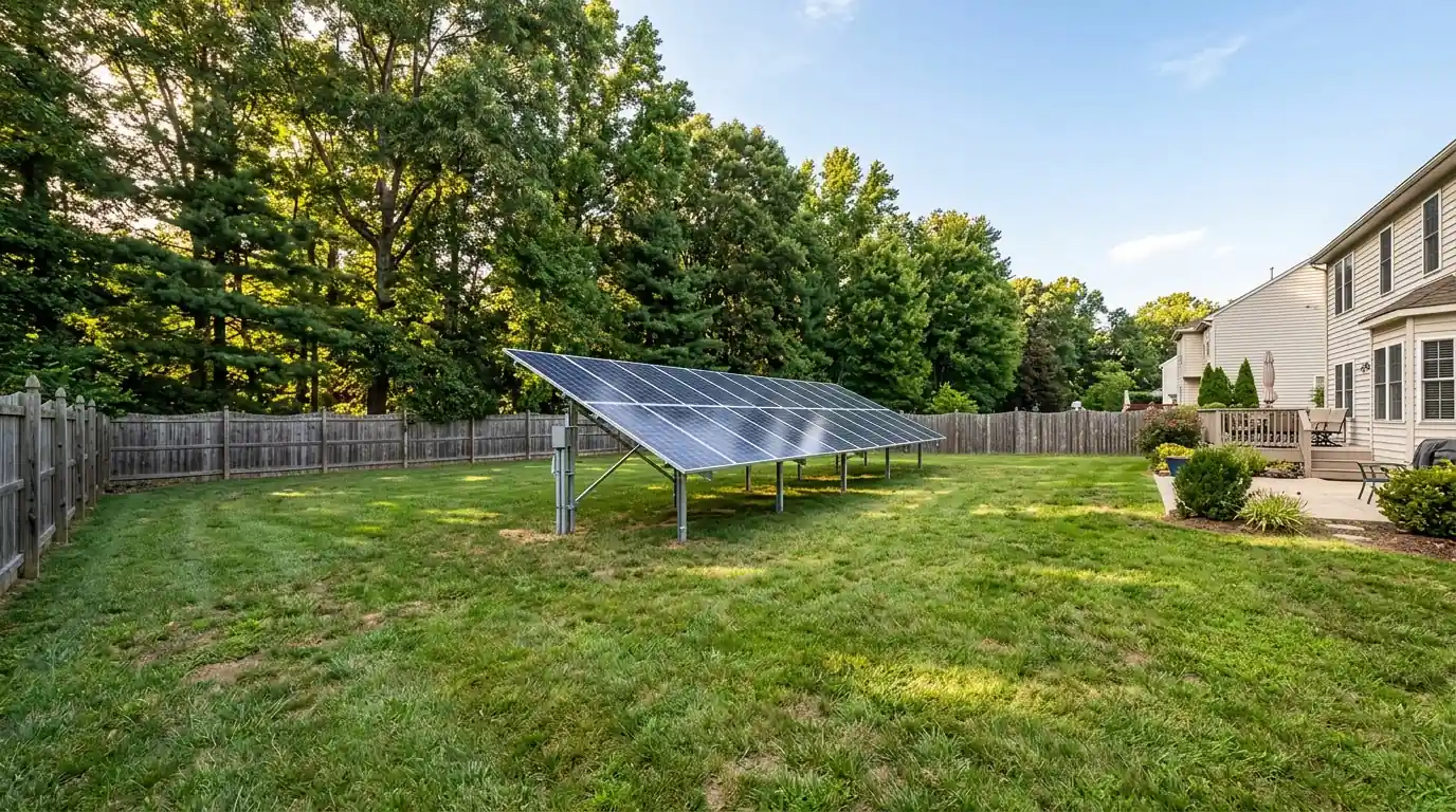 Fixed-tilt ground-mounted solar array in a suburban backyard near Washington, DC