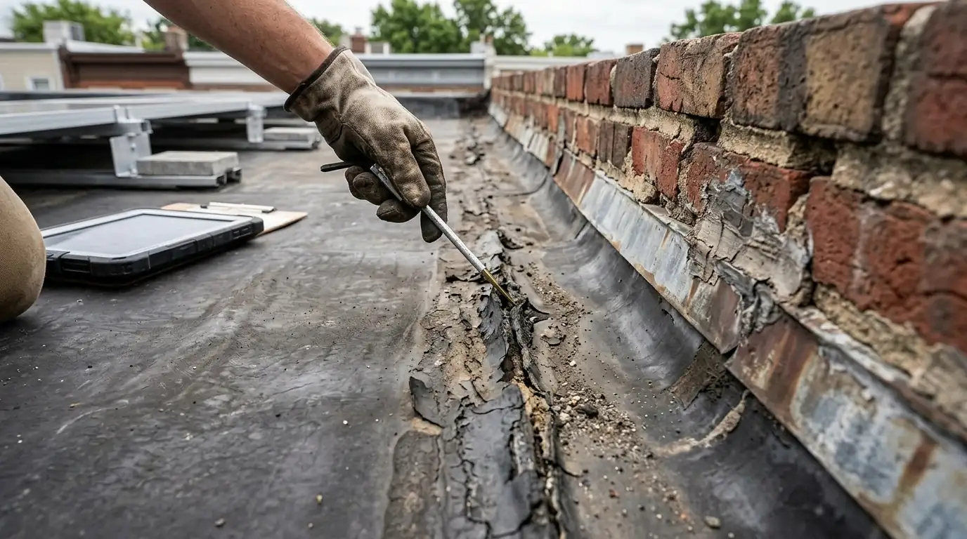 Worn membrane seam checked during a solar roof assessment