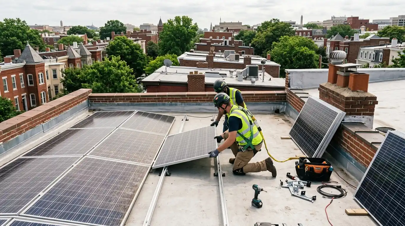 Installer adding panels beside an existing solar array