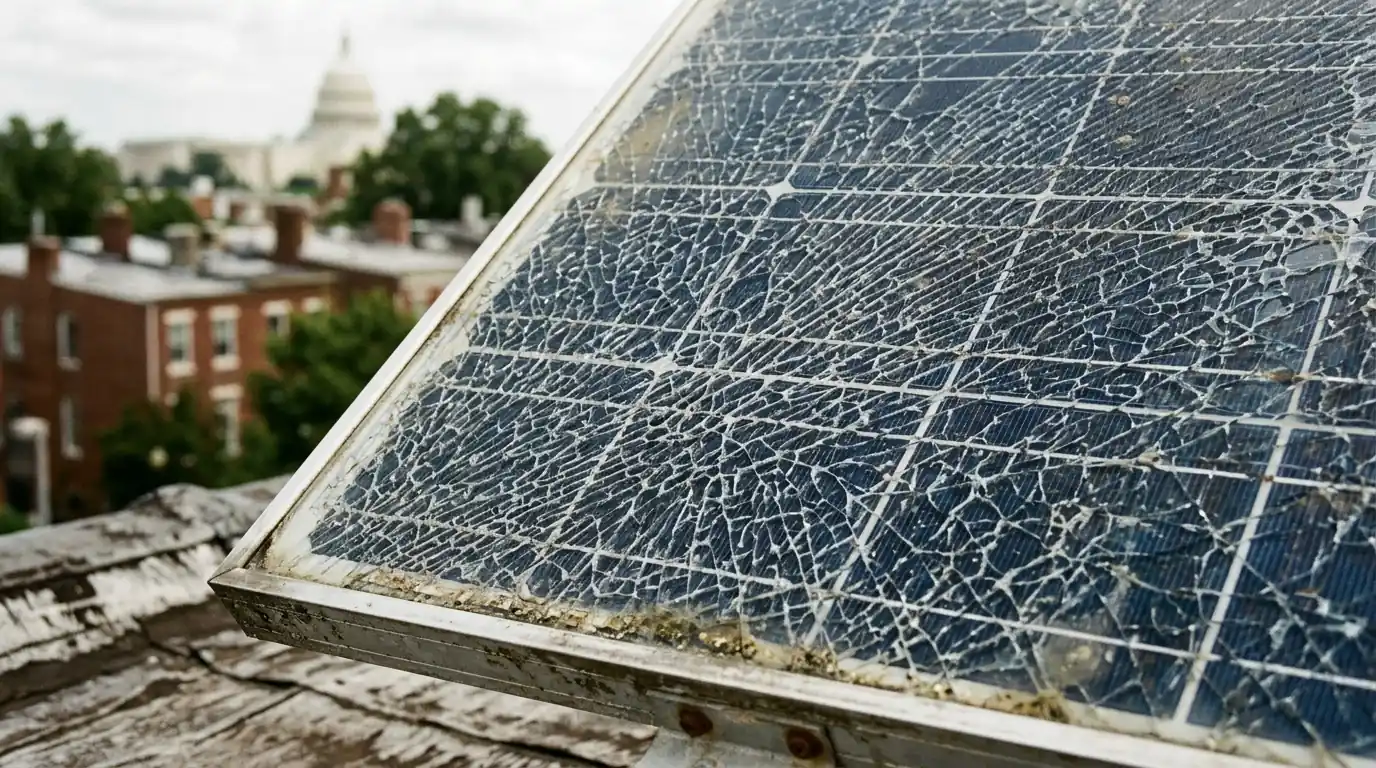 Cracked glass on a rooftop solar panel in Washington, DC