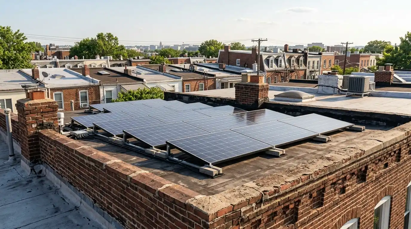 Low-tilt solar array behind a rowhouse parapet in Washington, DC