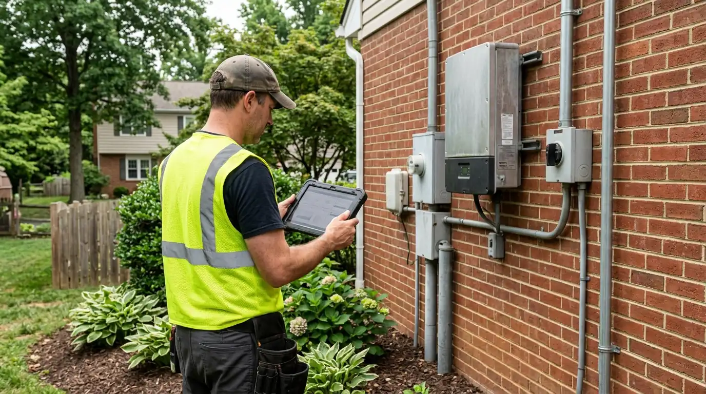 Technician checking inverter readings during a buyer side solar inspection
