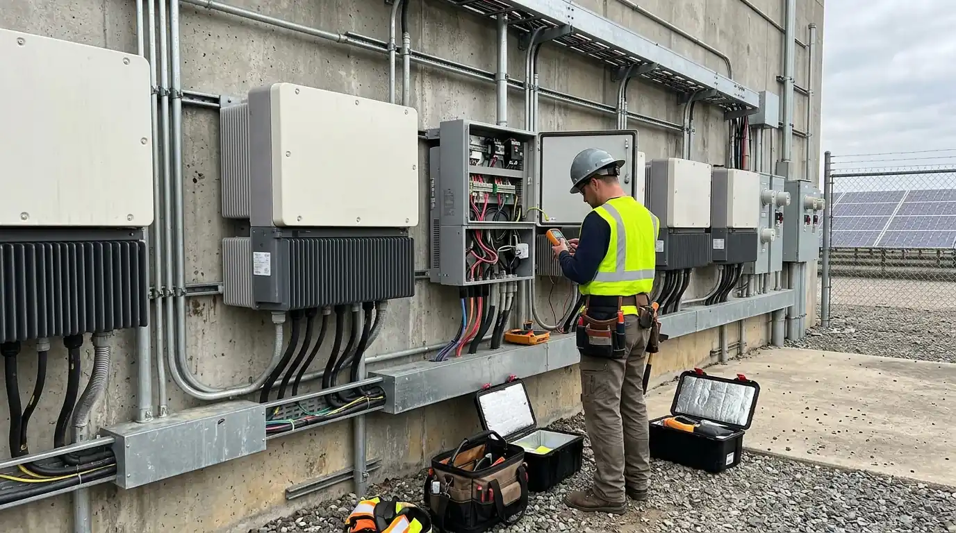 Technician servicing a bank of commercial string inverters