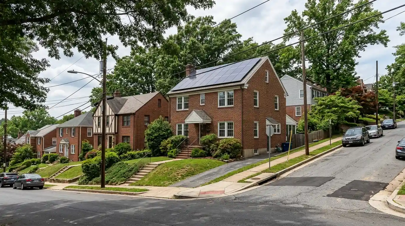 Solar panels on a brick house in Hillcrest, DC