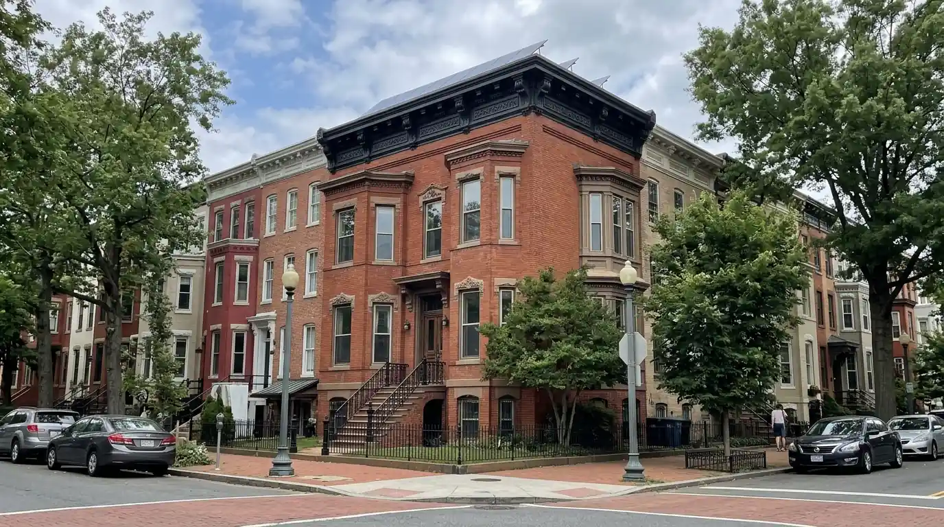 Solar array set back from the front of a rowhouse roof in a historic district