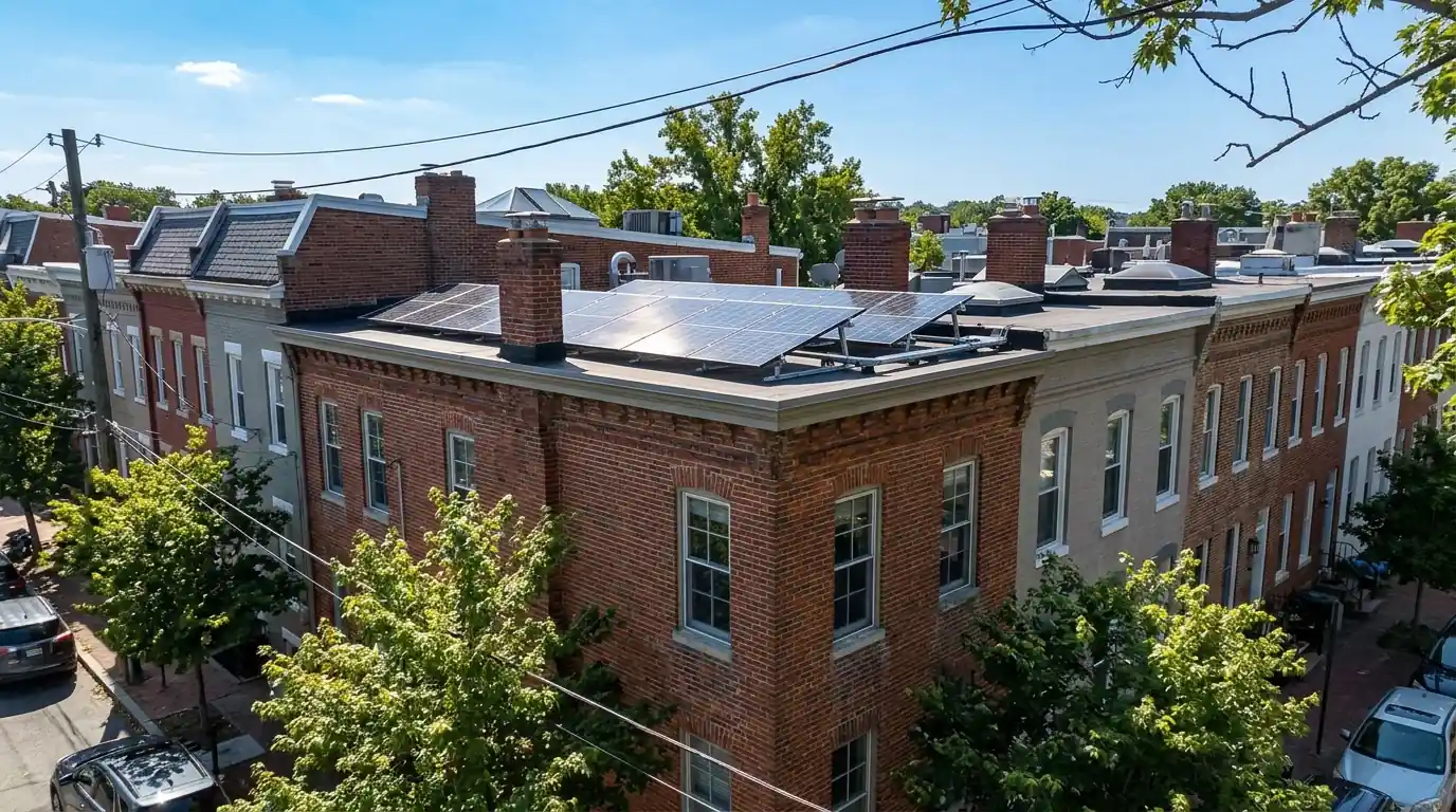 Solar panels on a modest brick rowhouse roof in DC