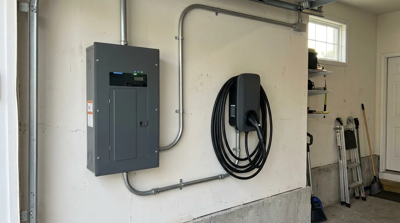 EV charger wired to a smart electrical panel in a garage