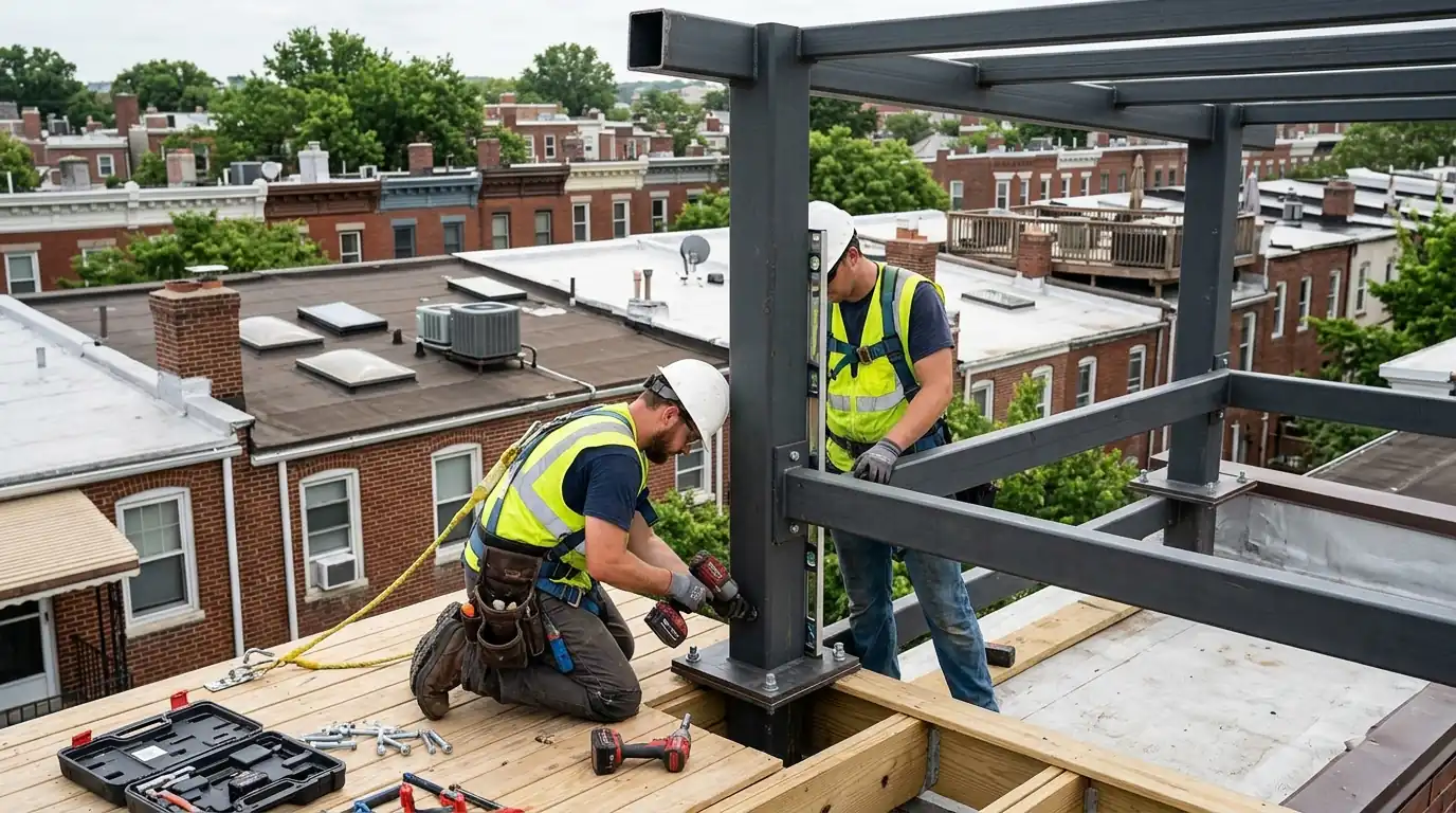 Solar pergola frame being bolted to a rowhouse roof deck