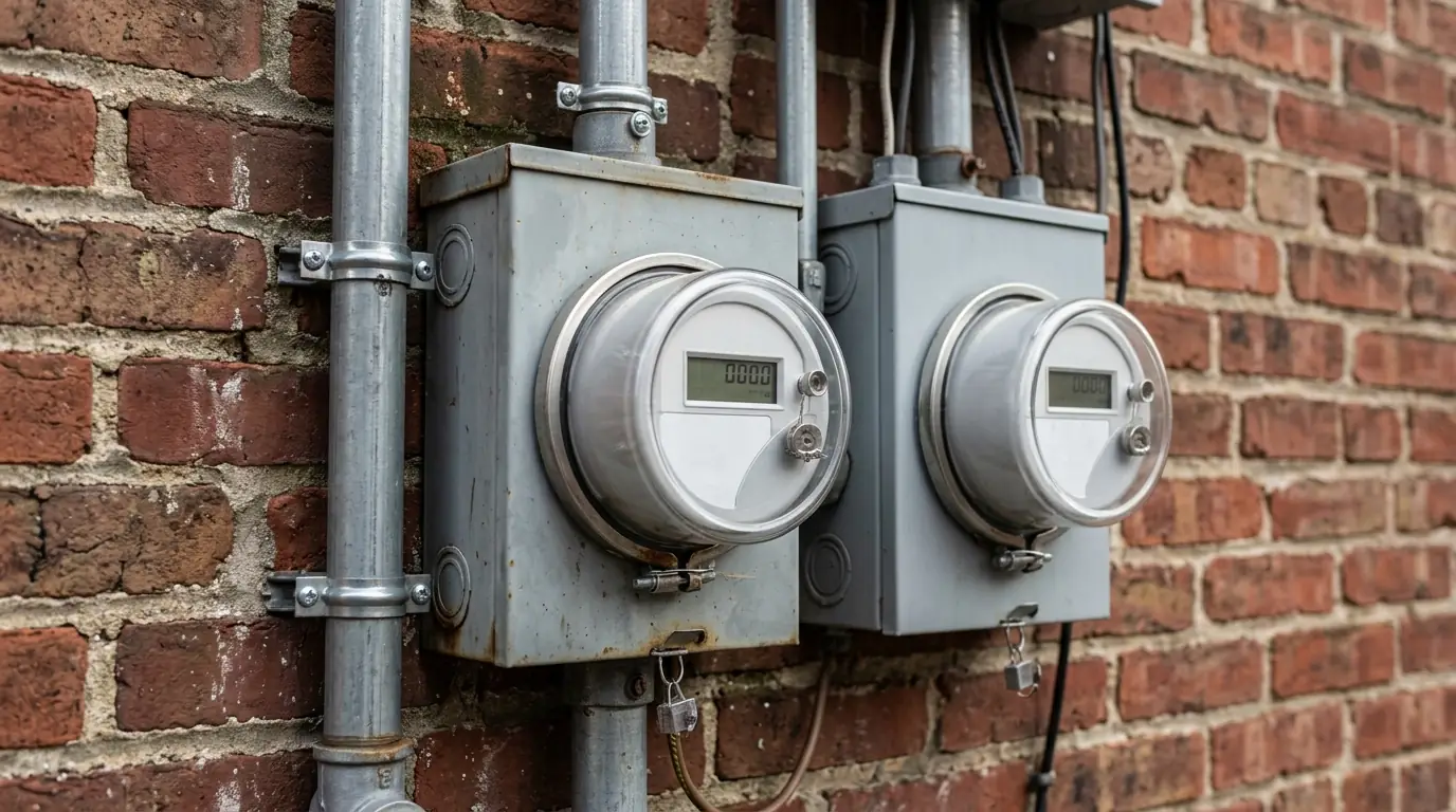 Solar production meter mounted beside a Pepco meter on a brick wall in DC