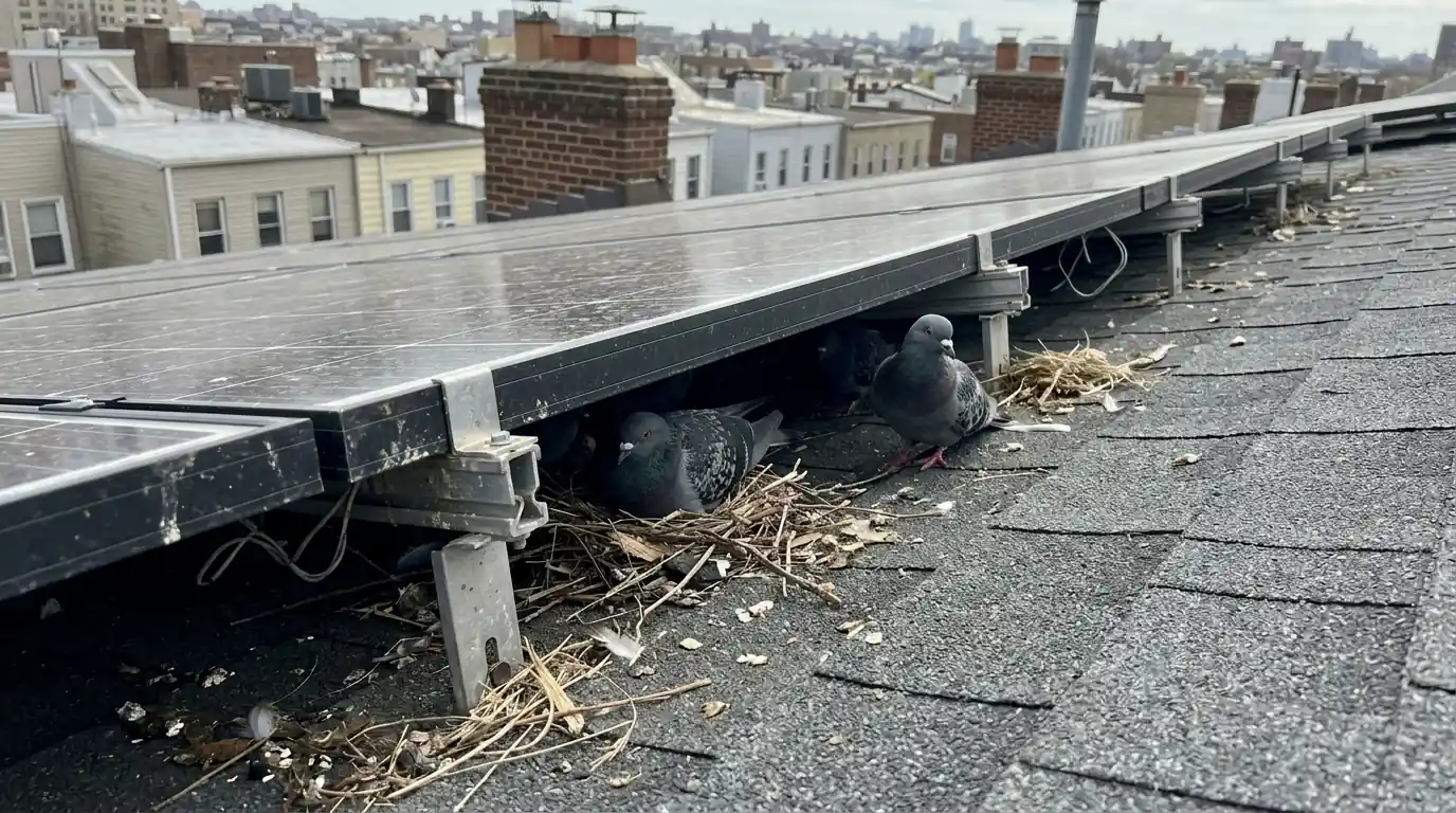 Pigeons nesting in the gap under rooftop solar panels