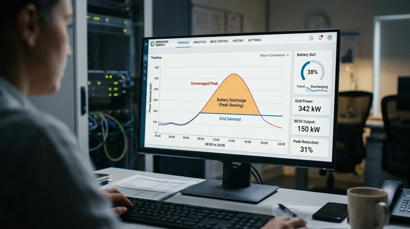 Energy dashboard showing a demand peak flattened by a battery