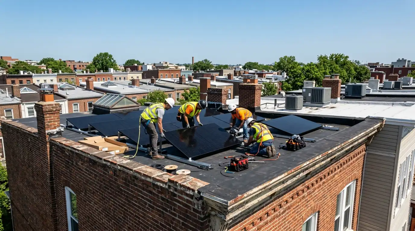 Solar installers setting black panels on a flat rowhouse roof in Washington, DC