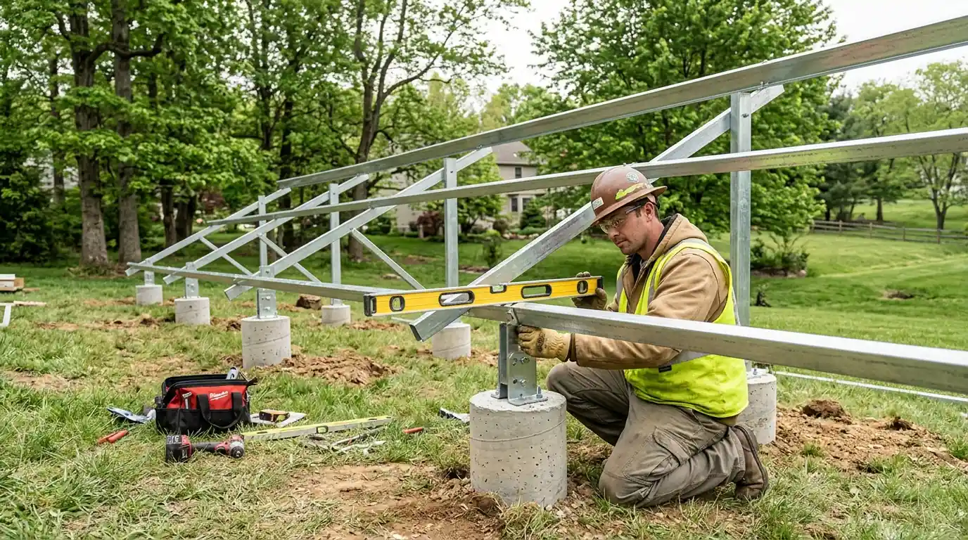Installer leveling a ground-mount rail on concrete piers in a Maryland yard