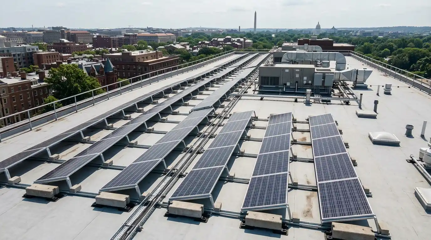 Ballasted solar rows across a flat commercial rooftop in Washington, DC
