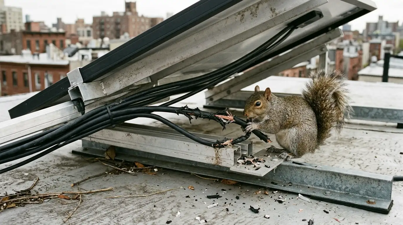 Chewed solar cable under a raised panel