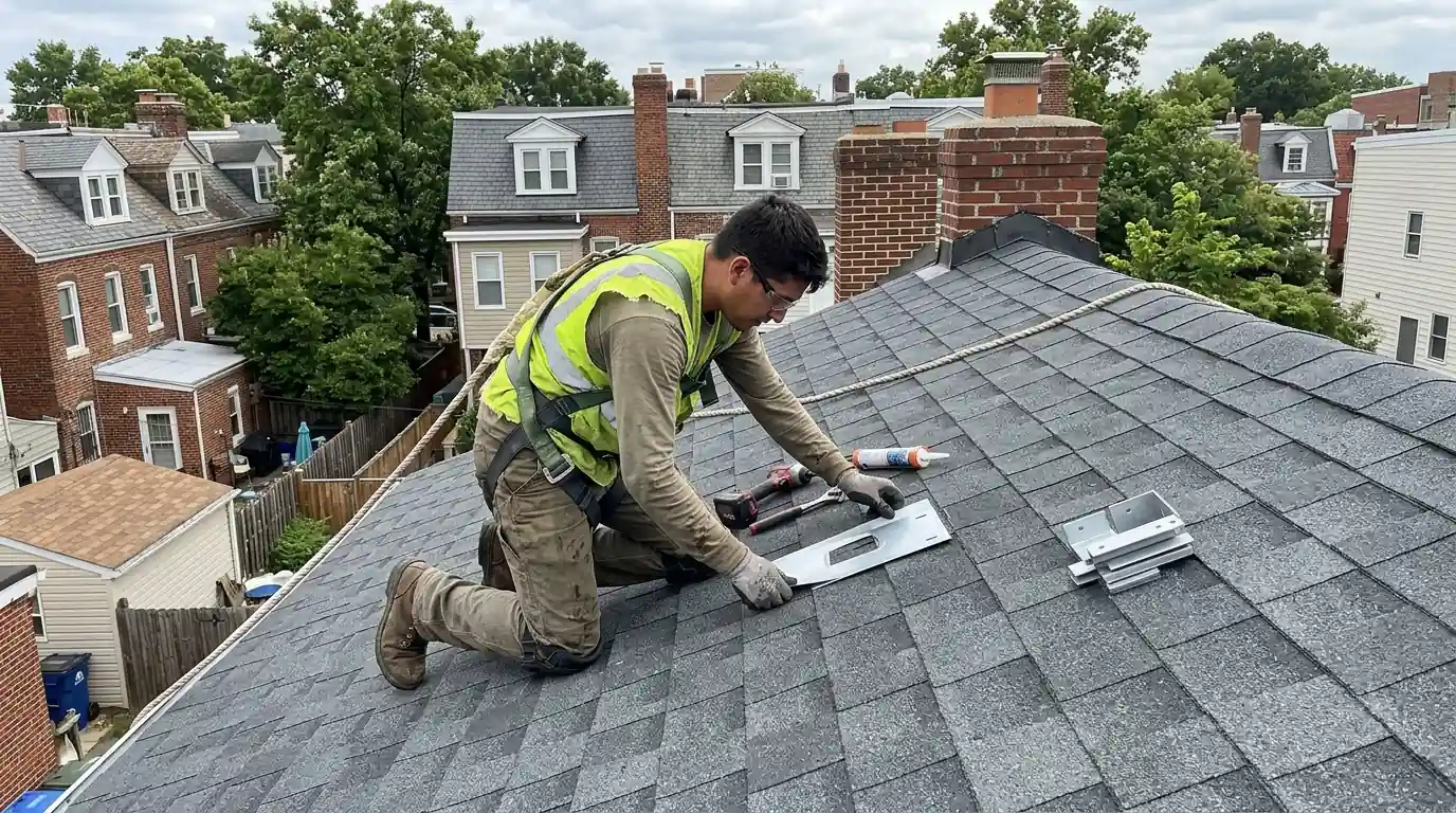 Installer flashing a new solar attachment into fresh shingles