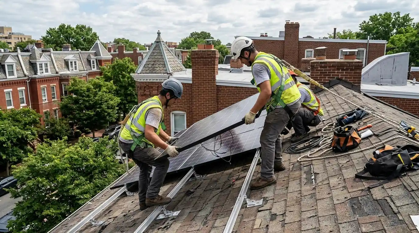 Crew lifting a solar panel off a roof before a reroof in Washington, DC