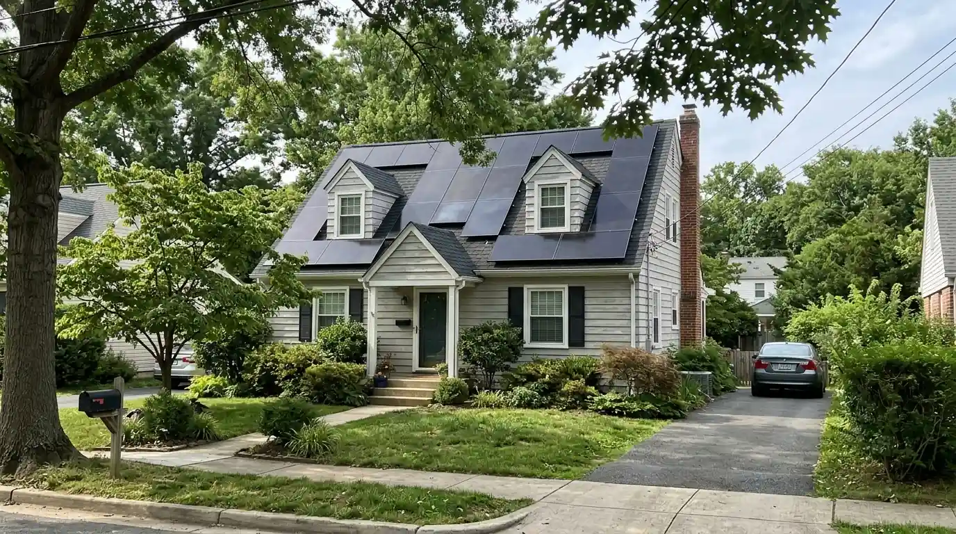 Solar panels on a Cape Cod-style house roof in Silver Spring