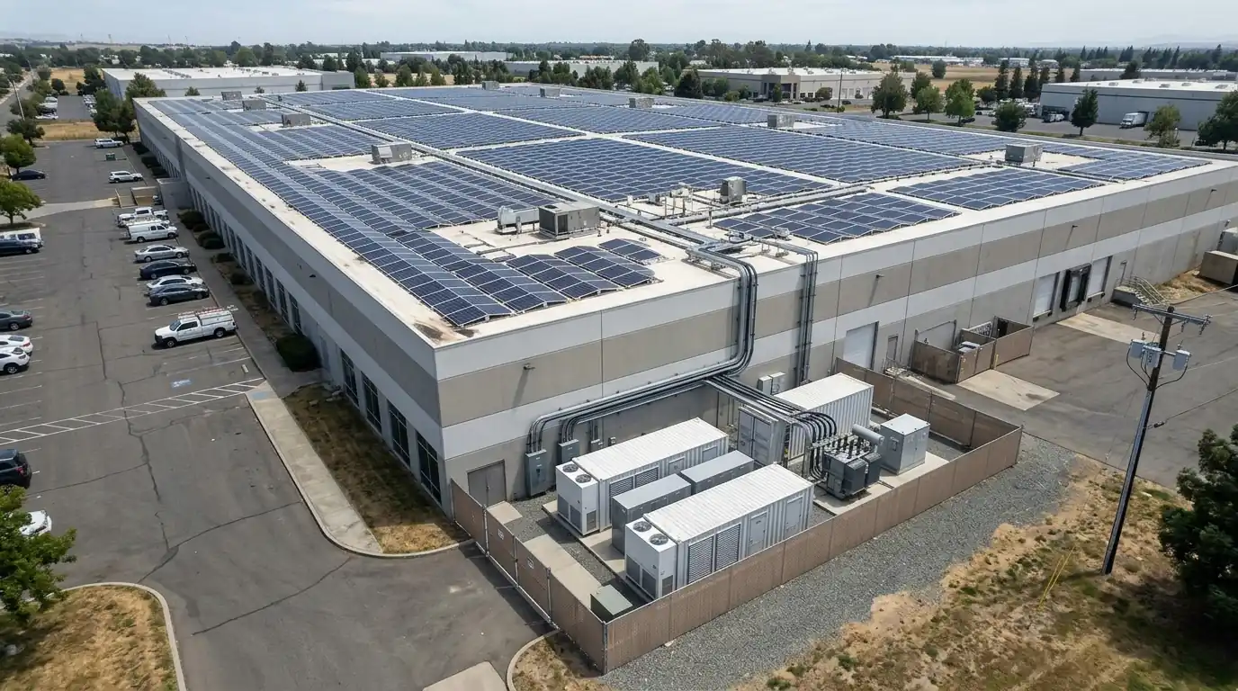 Rooftop solar with a battery enclosure at ground level beside the building