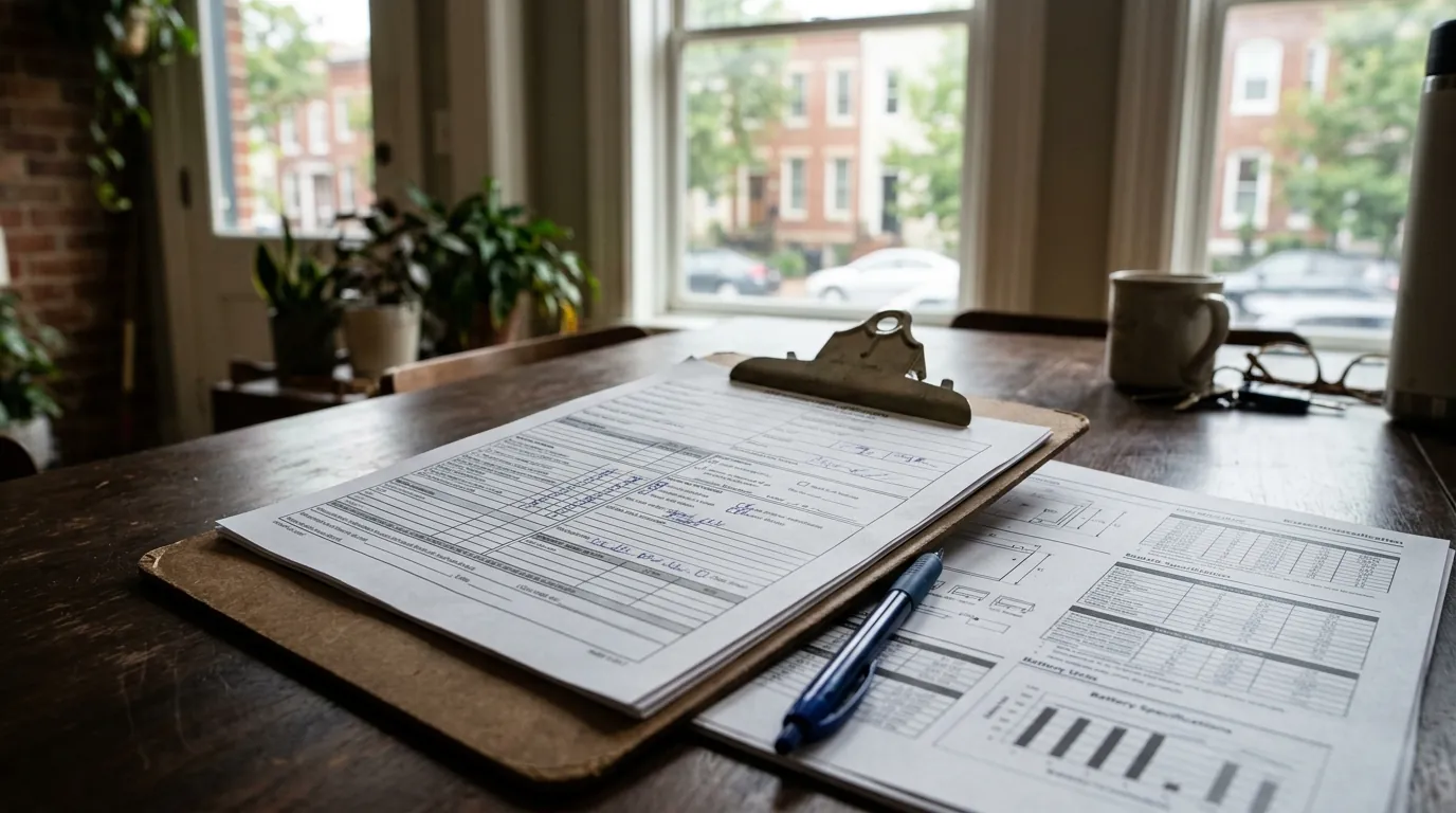 Interconnection paperwork and battery spec sheet on a clipboard
