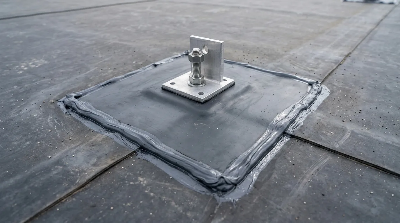 Flashed rack attachment base sealed into a membrane roof