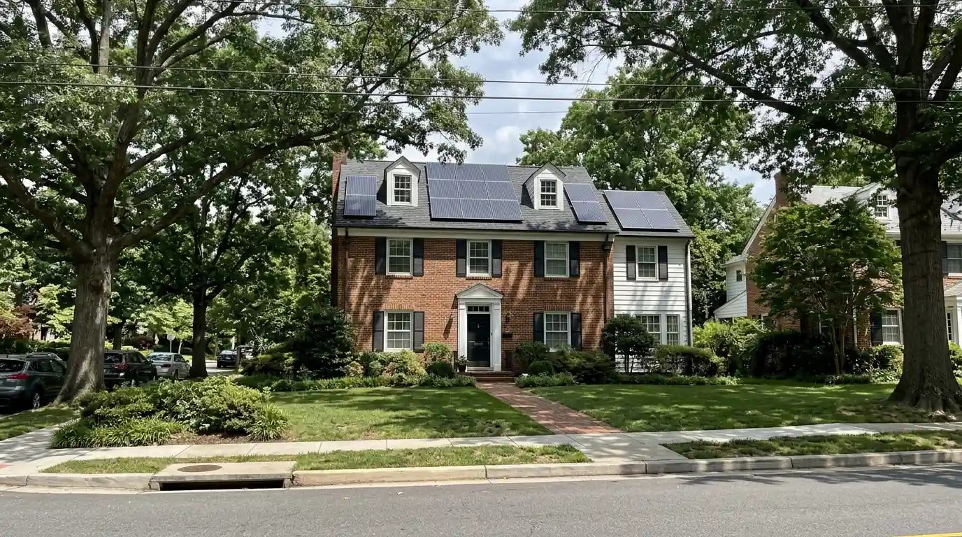 Solar panels on a colonial house among mature trees in AU Park