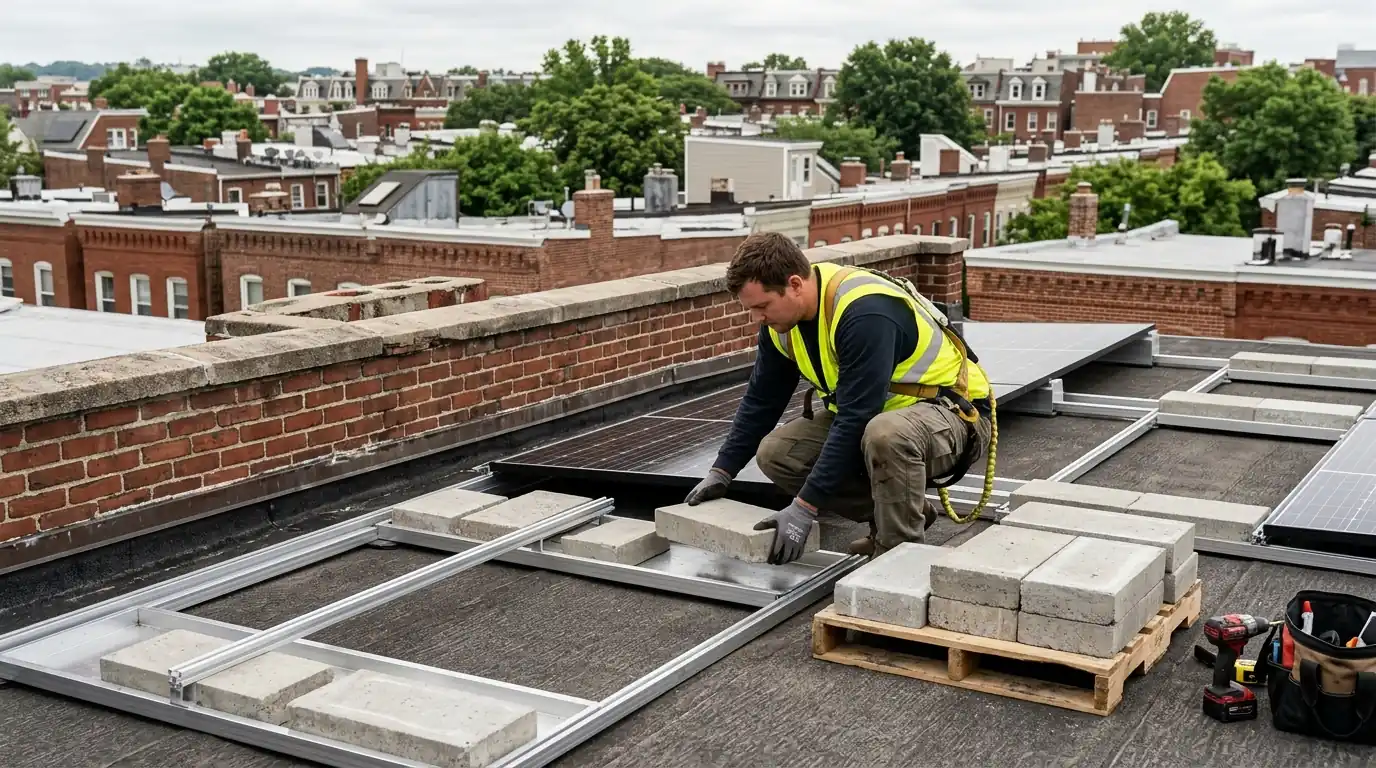 Installer setting ballast in a low-tilt solar rack behind a rowhouse parapet in Washington, DC