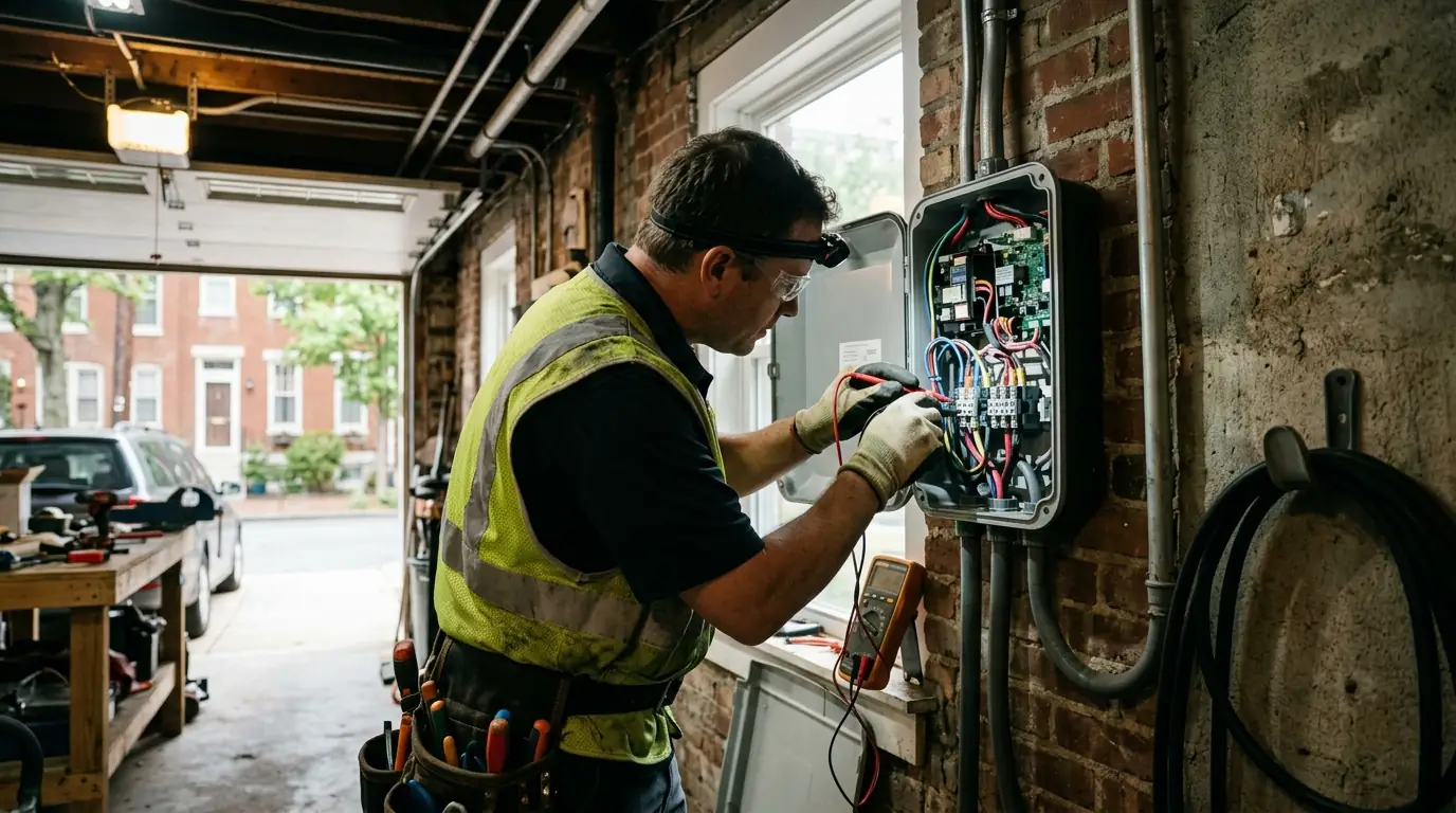 Electrician testing the circuit behind a Level 2 EV charger