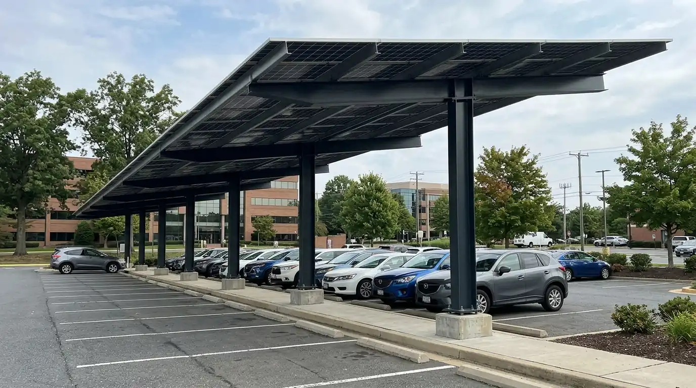 T-shaped solar canopy covering a single row of parked cars