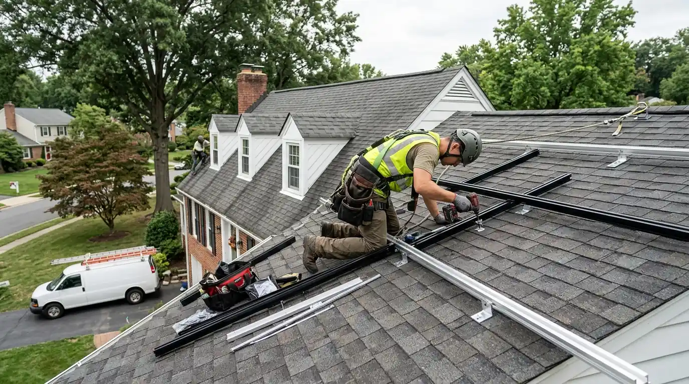 Solar rails being mounted on a colonial-style house roof in Montgomery County