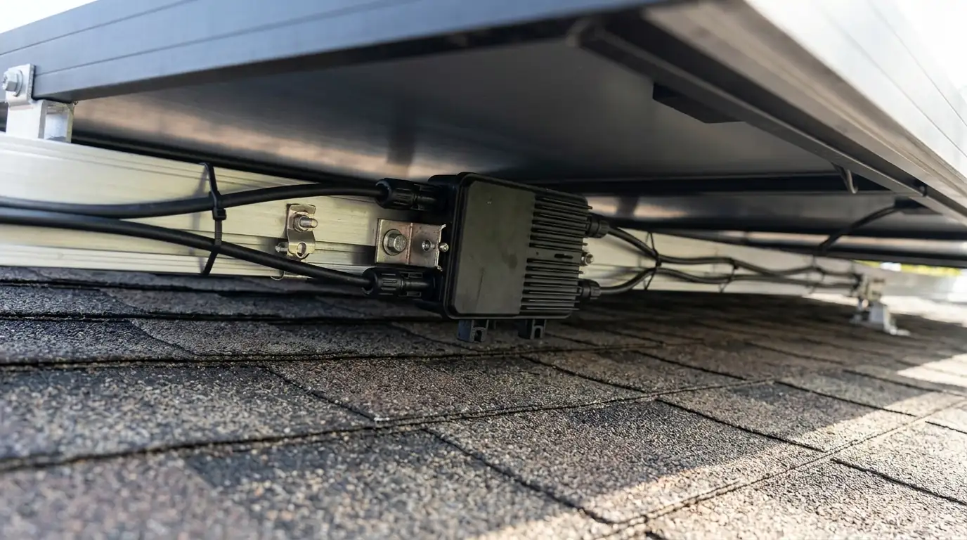 Power optimizer mounted under a rooftop solar panel