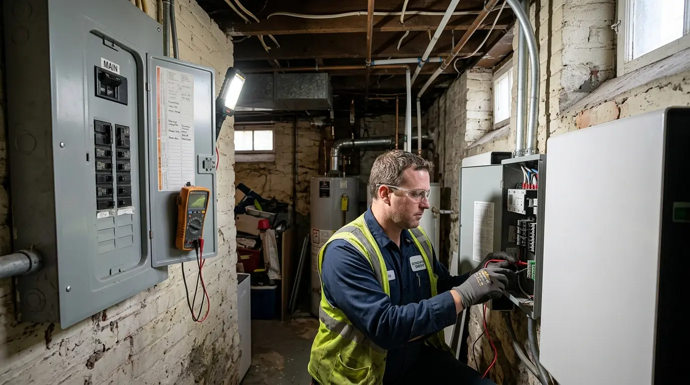 Electrician testing battery backup with the main breaker off