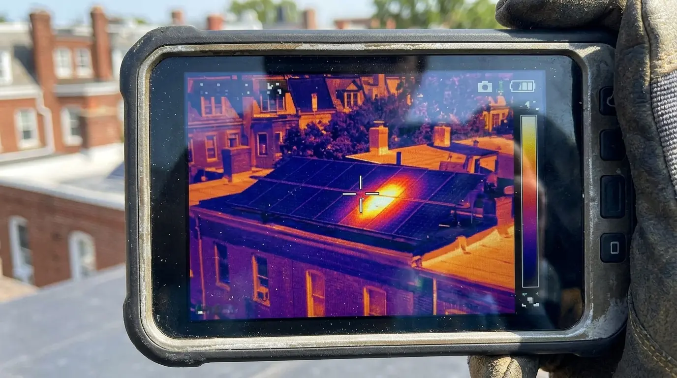 Thermal camera showing a hot spot on a rooftop solar panel