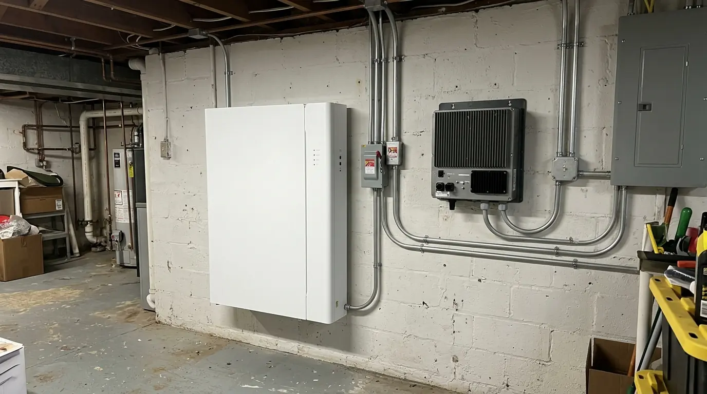 Home battery and backup panel beside an existing solar inverter in a DC basement