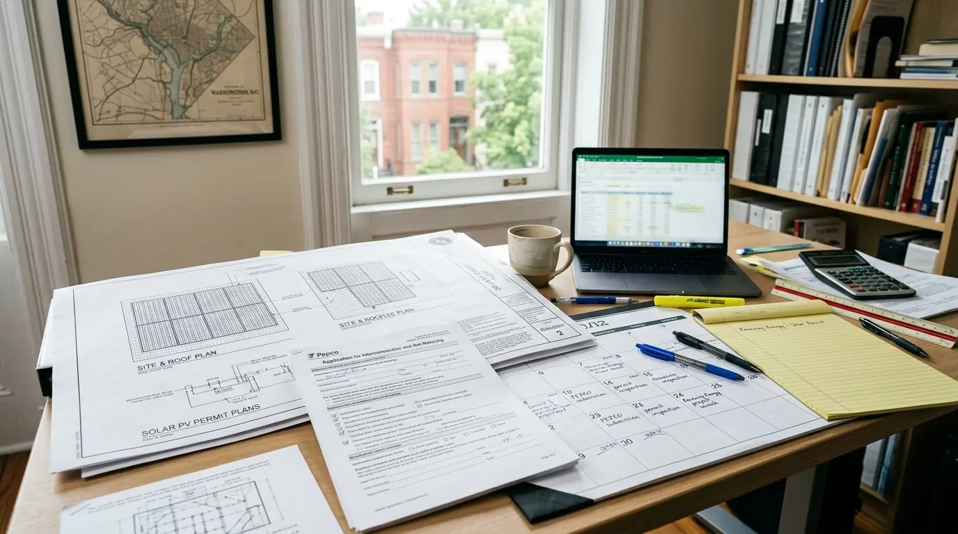 Solar permit drawings and a Pepco application on a desk
