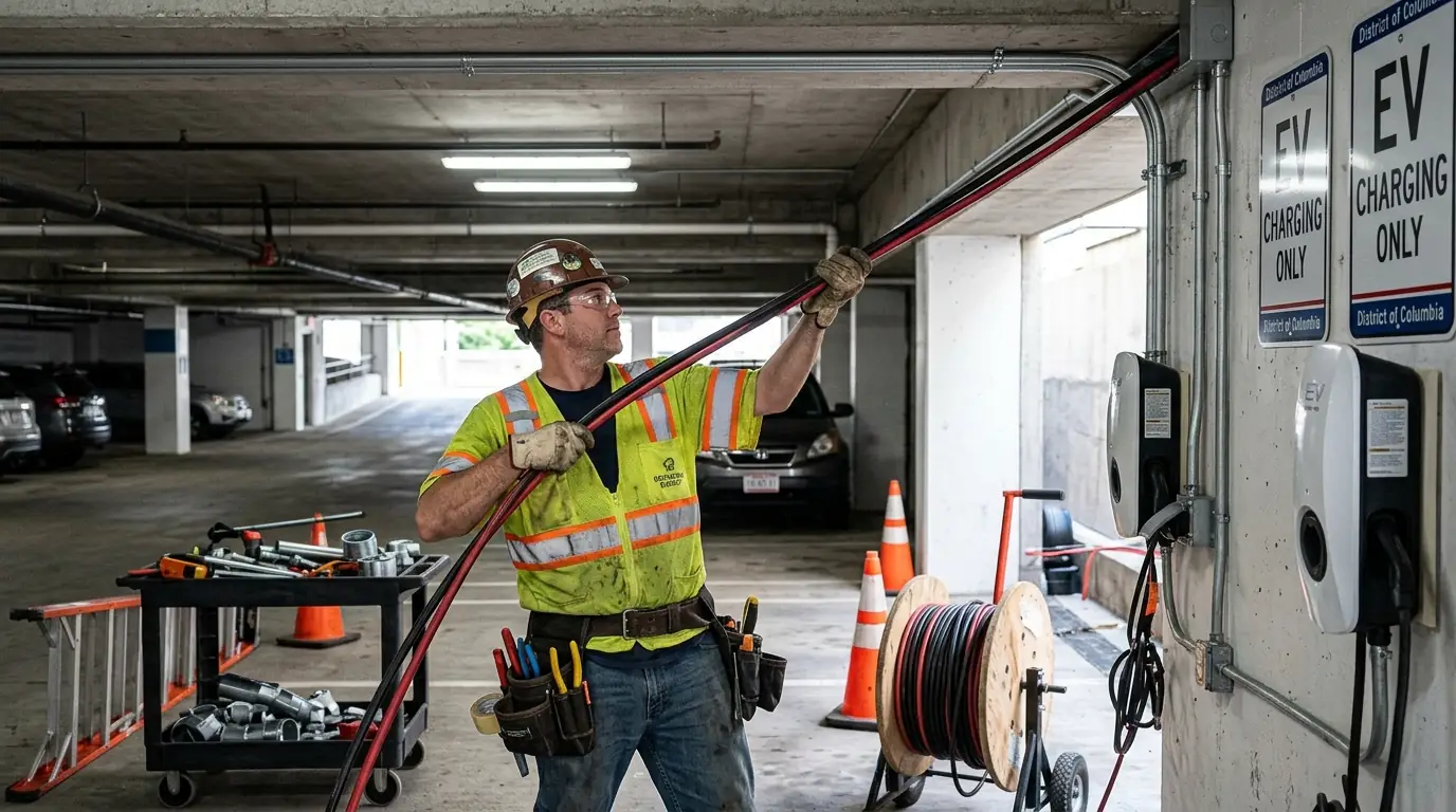 Electrician pulling cable for new EV chargers in a parking garage