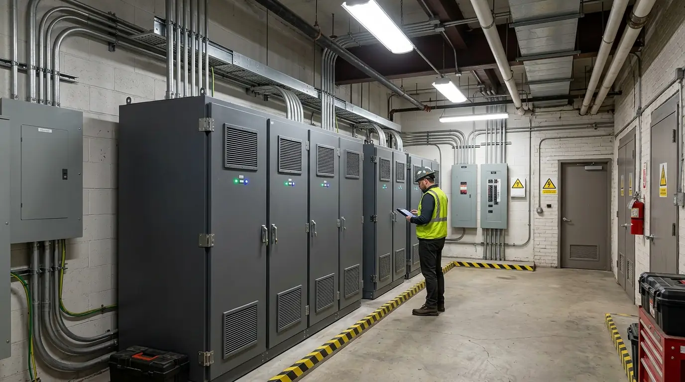 Commercial battery cabinets in a DC office building utility room