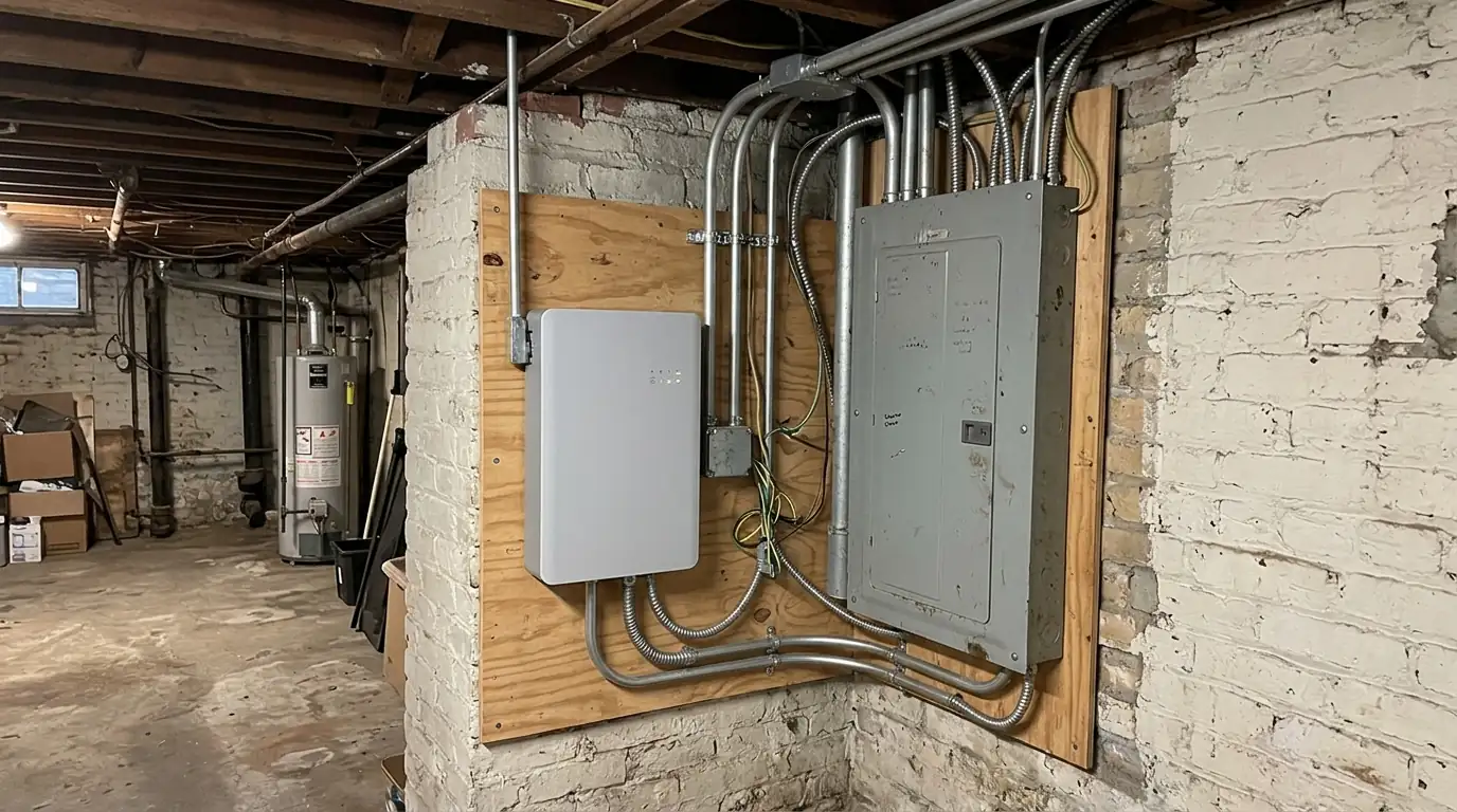 Home battery and backup gateway beside an electrical panel