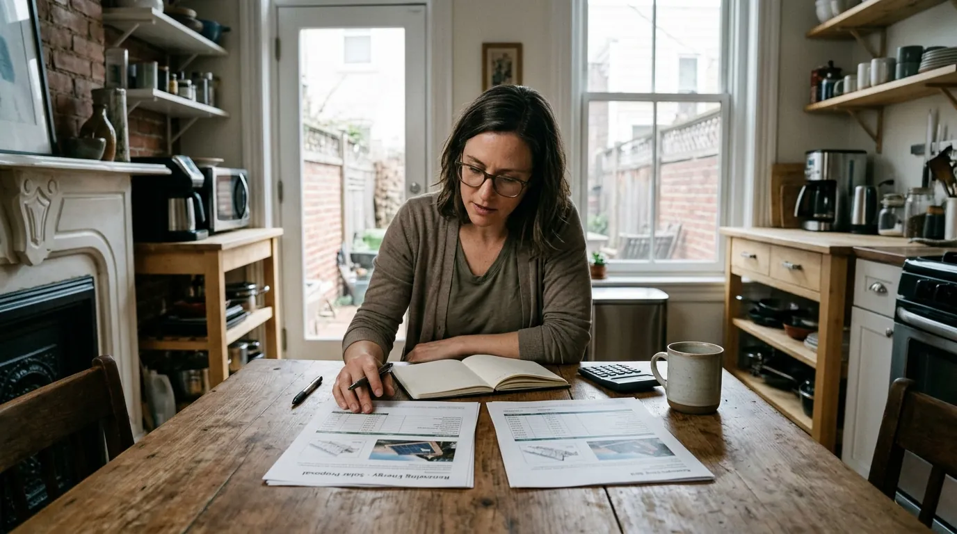 Comparing two printed solar quotes on a kitchen table