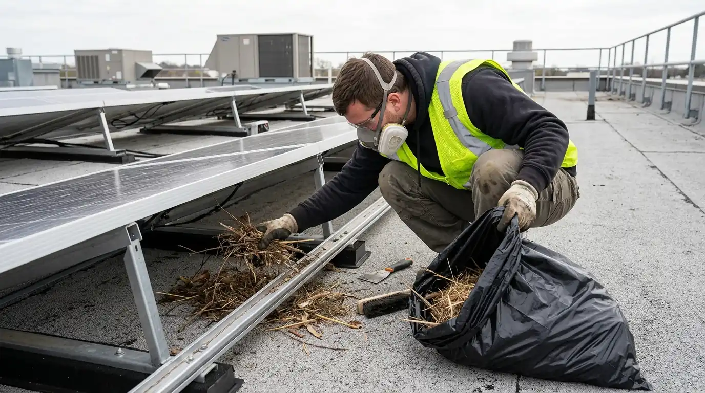 Technician bagging nesting debris removed from under solar panels