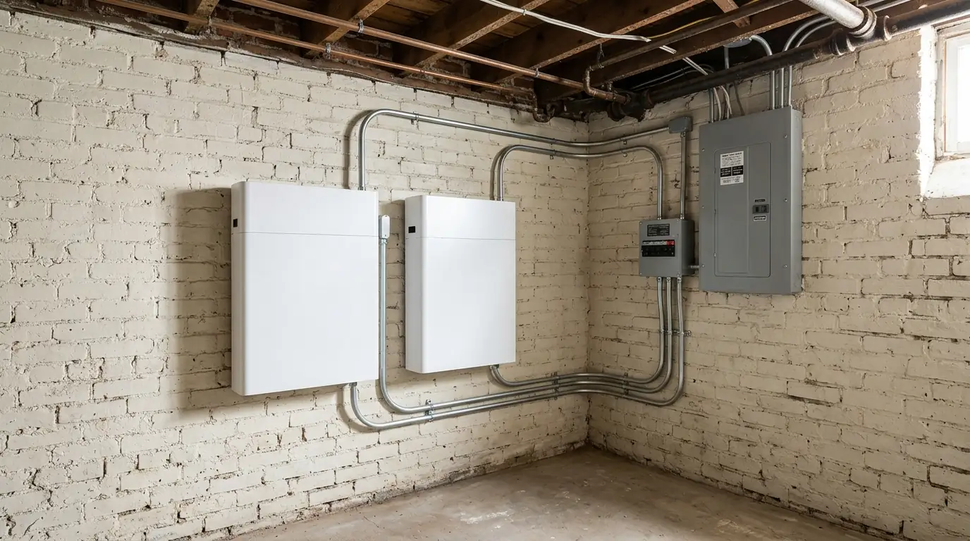 Home batteries and a backup panel in a DC rowhouse basement