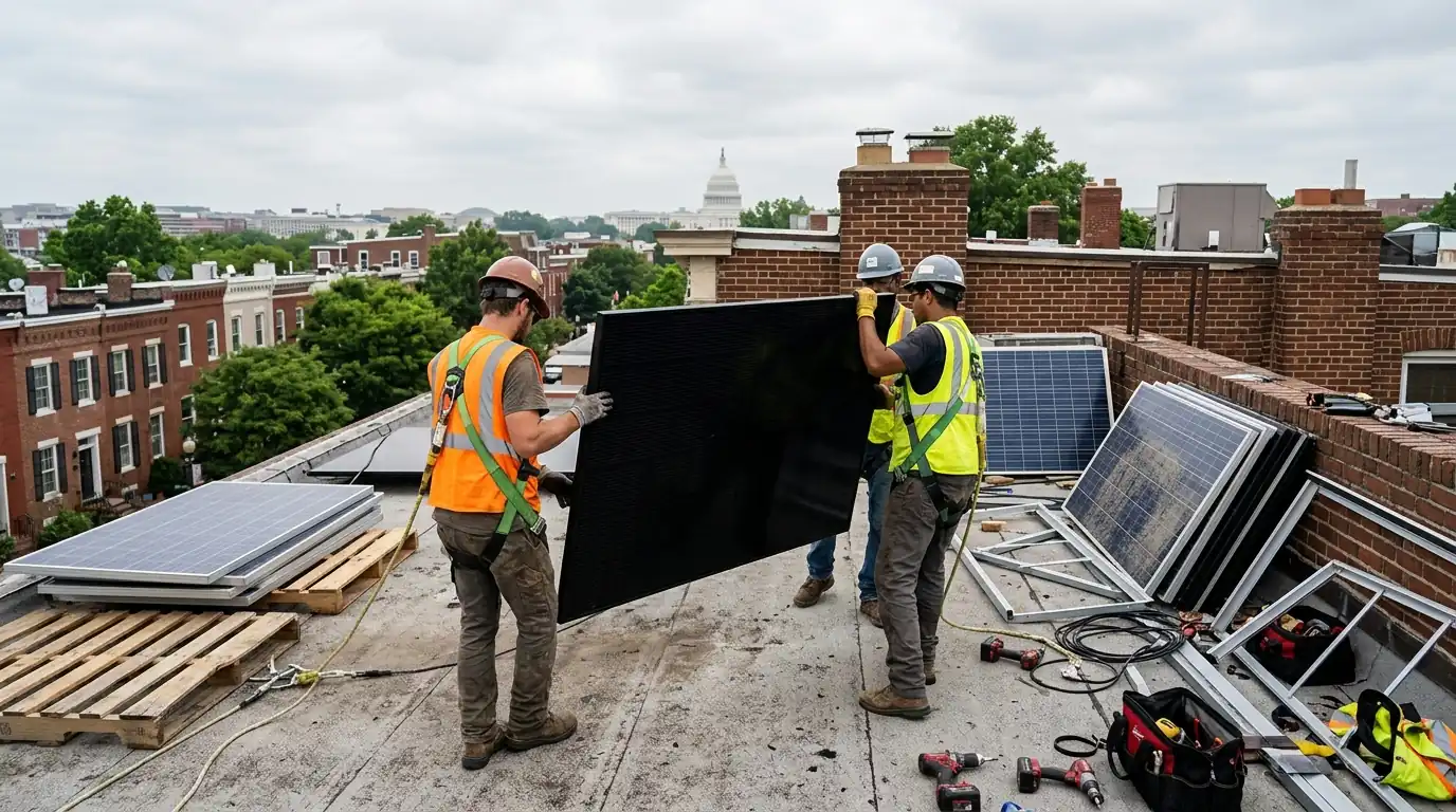 Crew replacing older blue solar panels with new black panels on a DC roof