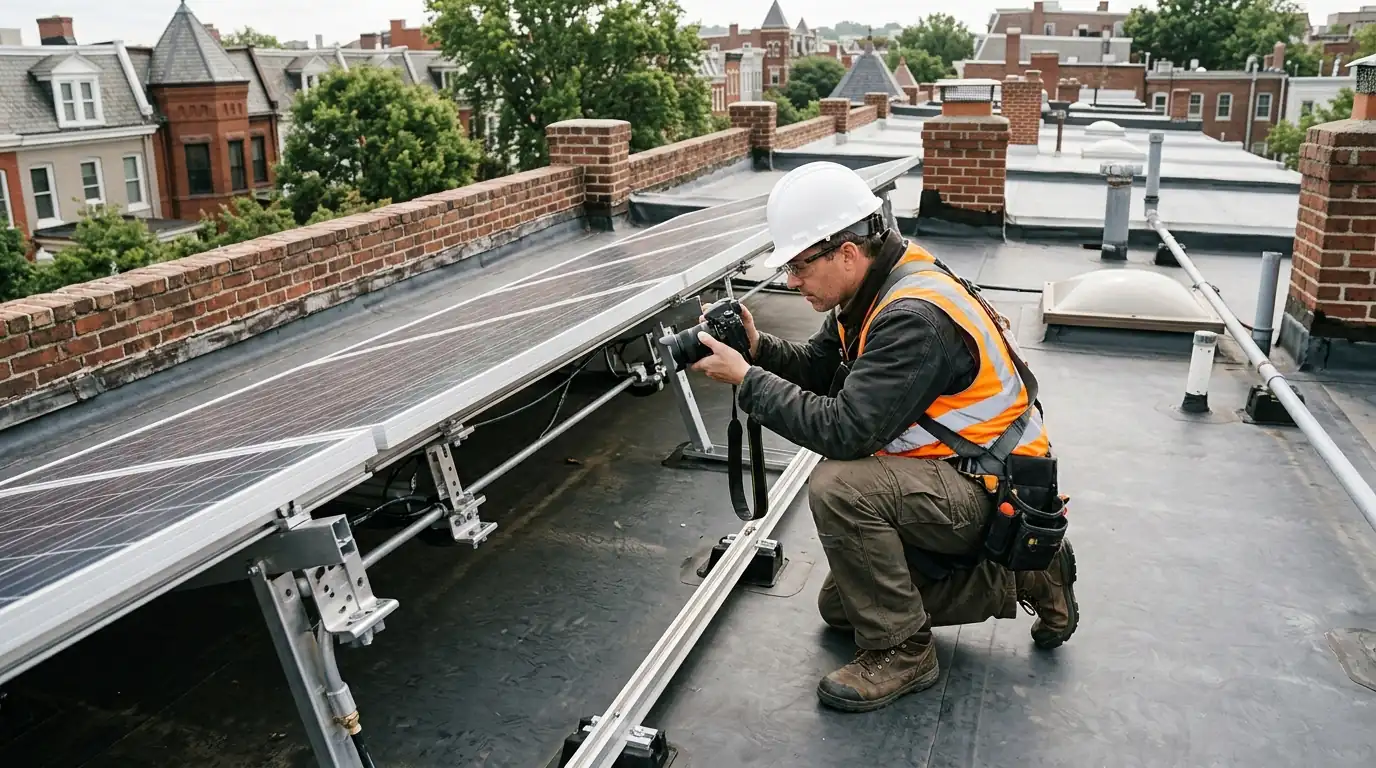 Inspector photographing solar roof mounts during a home sale inspection in Washington, DC
