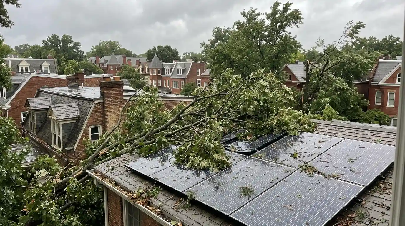 Branch lying across rooftop solar panels after a storm